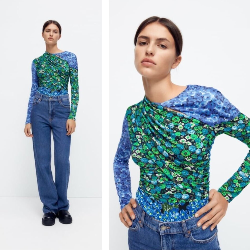 Zara Green and Blue Floral Long-Sleeve Draped Top